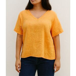 Flax orange linen short sleeve top v neck size medium